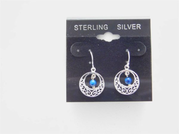 925-Sterling-Silver-Crescent-Filigree-Circle-w-Blue-Ball-Dangle-Earrings-LA43-253645152132