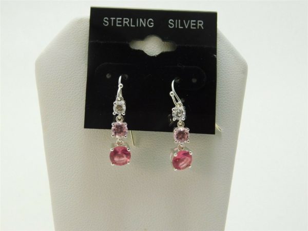925-Sterling-Silver-Pink-Clear-Cubic-Zirconia-3-Stone-Dangle-Earrings-LA0887-253647329102