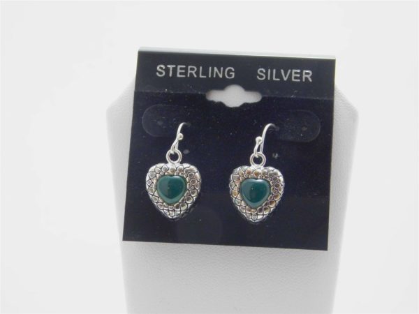925-Sterling-Silver-Heart-w-Green-Synthetic-Stone-Dangle-Earrings-LA10-253645056433