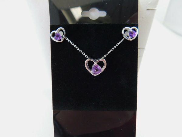 925-Sterling-Silver-Purple-Heart-stones-W-Inner-Heart-EarringNecklace-JM00248-254429418084