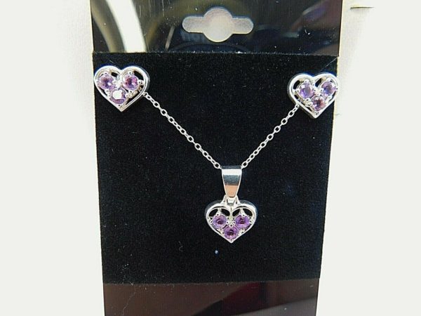 925-Sterling-Silver-3-Stone-Purple-Heart-Earrings-W-Matching-Necklace-JM00212-254431325367