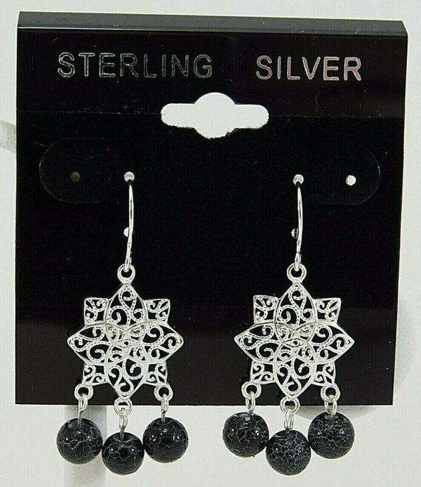 925-Sterling-Silver-Star-Shaped-Earrings-W3-Dangling-Black-beads-JK0171-202913677718