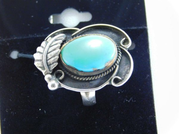 925-Sterling-Silver-Vintage-Native-Feather-Round-Turquoise-Ring-LA0604-253663344359